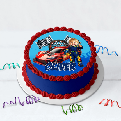 Custom Racing Car Hot Wheels Cake Image | Personalised Face Caricature & Name and Age