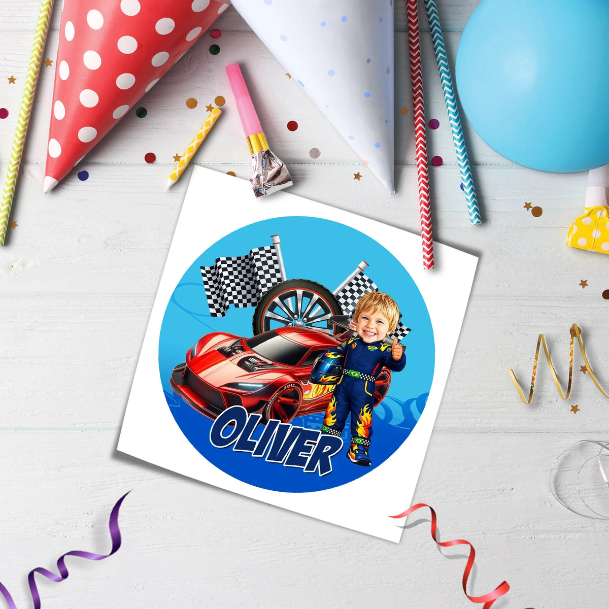 Custom Racing Car Hot Wheels Cake Image | Personalised Face Caricature & Name and Age