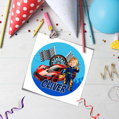 Custom Racing Car Hot Wheels Cake Image | Personalised Face Caricature & Name and Age