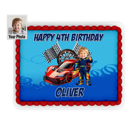 Custom Racing Car Hot Wheels Cake Image | Personalised Face Caricature & Name and Age