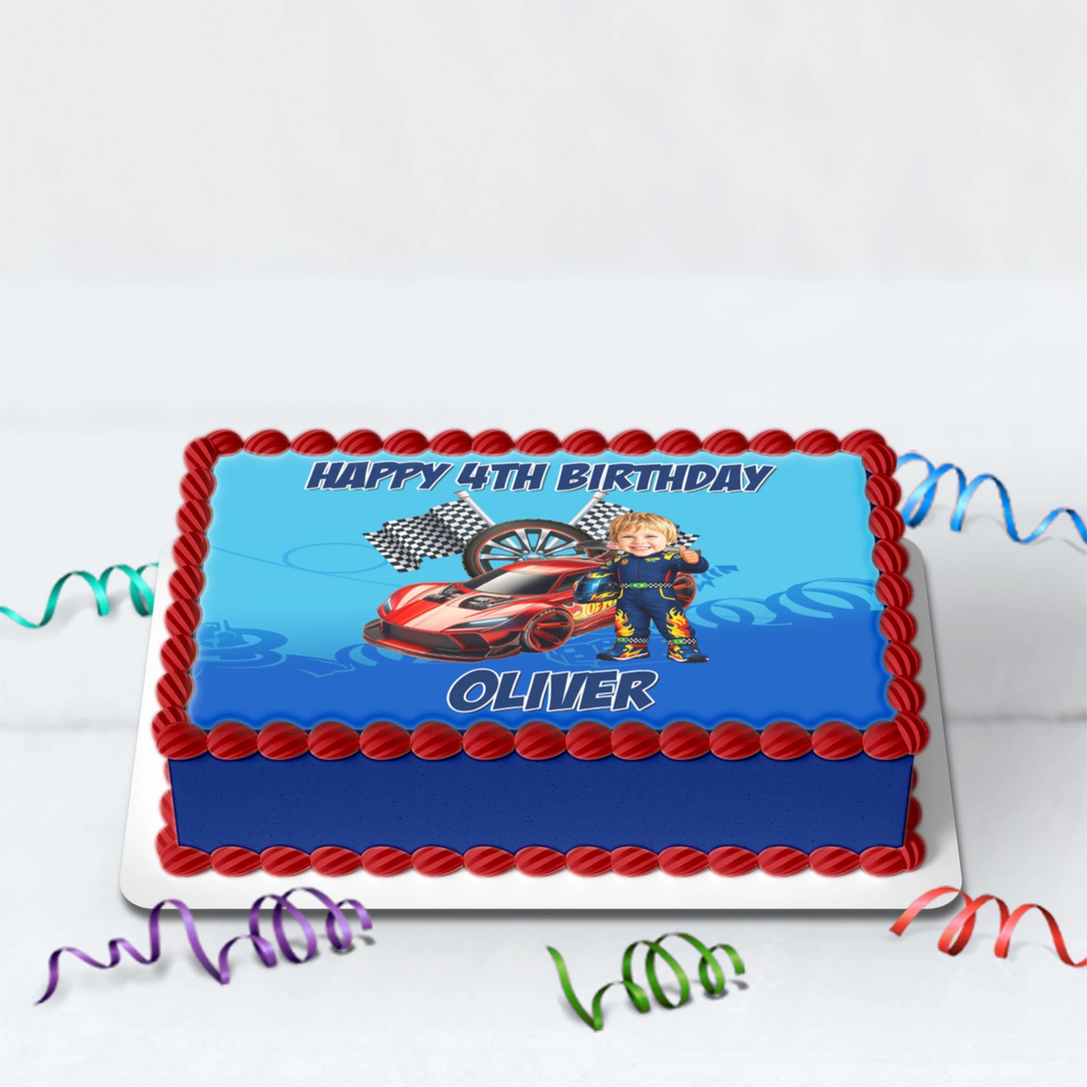 Custom Racing Car Hot Wheels Cake Image | Personalised Face Caricature & Name and Age