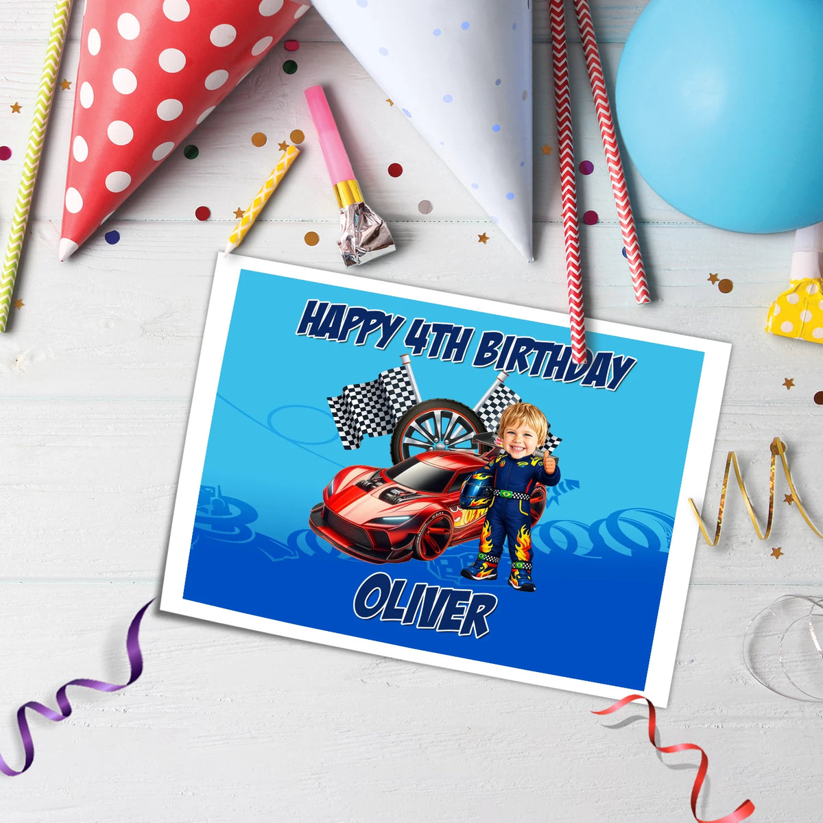 Custom Racing Car Hot Wheels Cake Image | Personalised Face Caricature & Name and Age