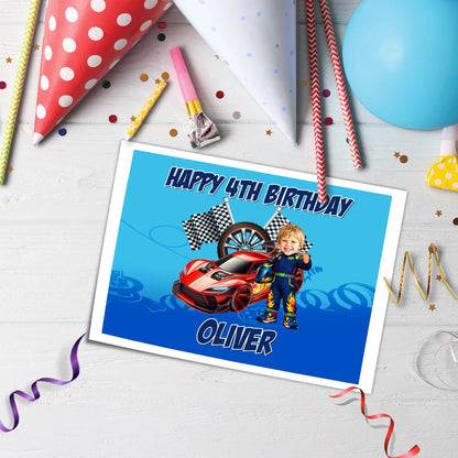 Custom Racing Car Hot Wheels Cake Image | Personalised Face Caricature & Name and Age