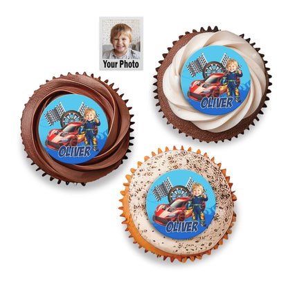 Custom Racing Car Hot Wheels CupCake Image Topper | Personalised Face Caricature & Name and Age