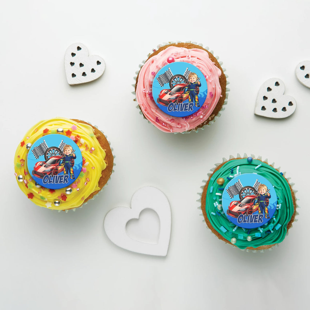 Custom Racing Car Hot Wheels CupCake Image Topper | Personalised Face Caricature & Name and Age