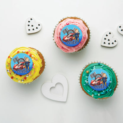 Custom Racing Car Hot Wheels CupCake Image Topper | Personalised Face Caricature & Name and Age
