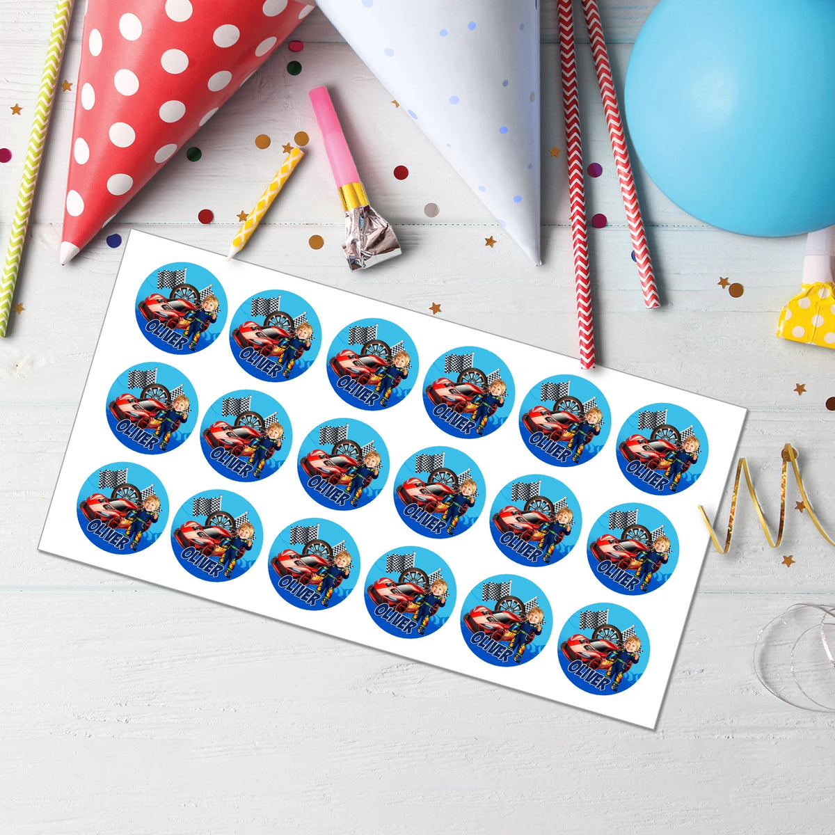 Custom Racing Car Hot Wheels CupCake Image Topper | Personalised Face Caricature & Name and Age