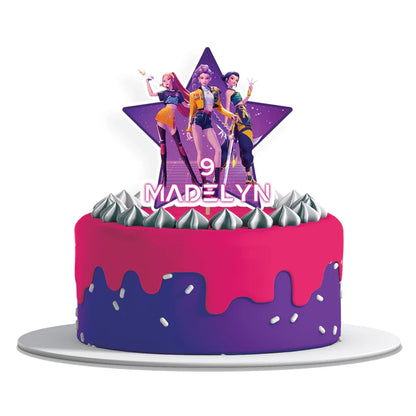 Huntrix Kpop Demon Hunters cake toppers with bold colors and themed character graphics in cut-out style