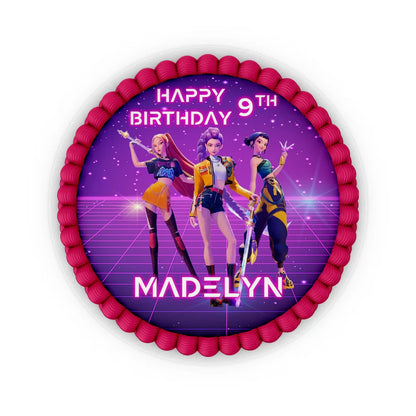 Huntrix Kpop Demon Hunters edible icing cake images with vivid prints on white frosting sheet flat lay