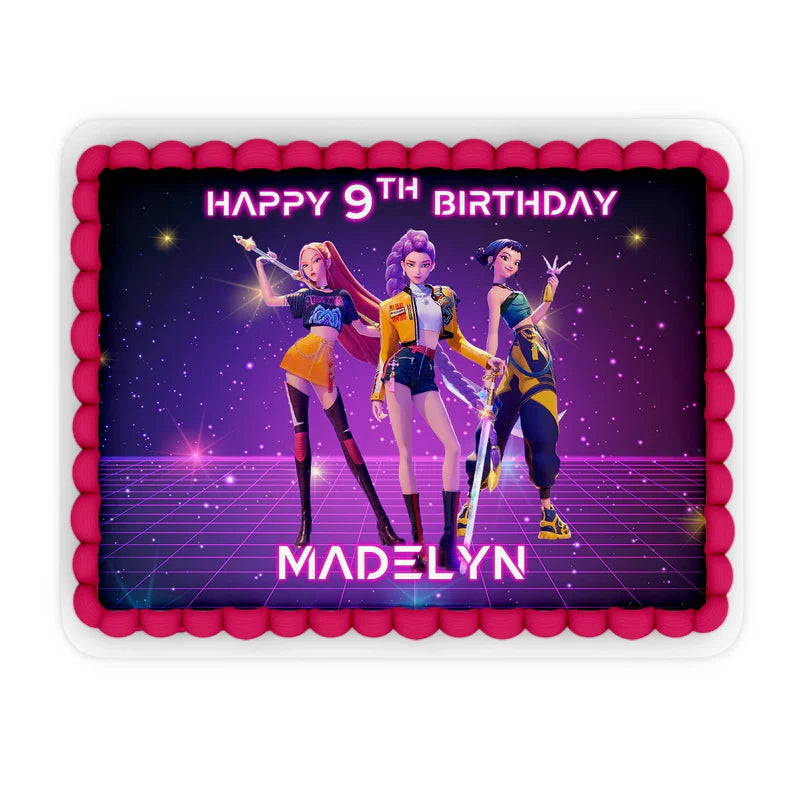 Huntrix Kpop Demon Hunters edible sheet cake images with full-color themed design on smooth edible paper