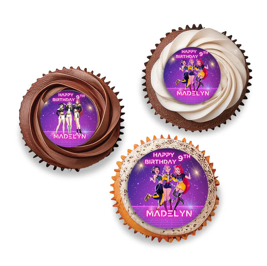 Huntrix Kpop Demon Hunters cupcake toppers with colorful printed designs on round cut-outs over white background