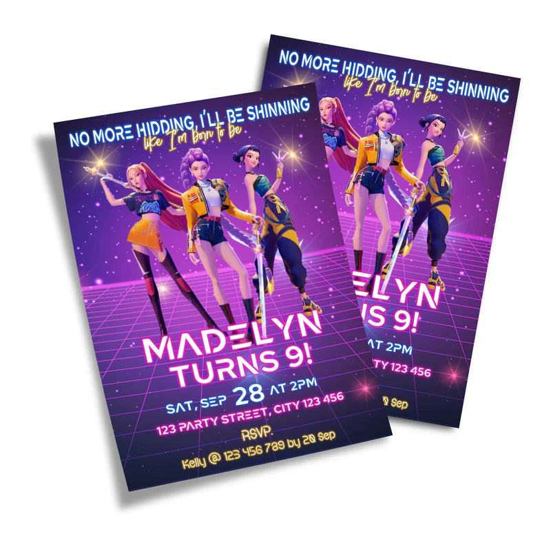 Huntrix Kpop Demon Hunters birthday card invitations with vibrant character artwork and custom text fields