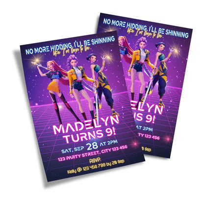 Huntrix Kpop Demon Hunters birthday card invitations with vibrant character artwork and custom text fields