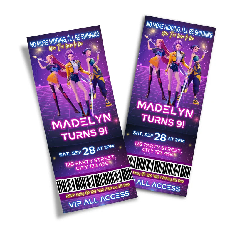 Huntrix Kpop Demon Hunters birthday ticket invitations with colorful graphics and perforated ticket style