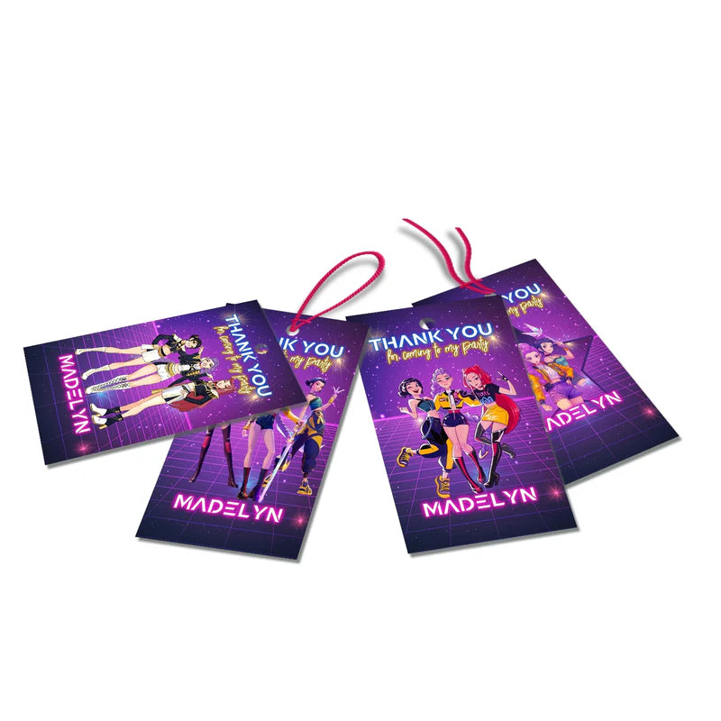 Huntrix Kpop Demon Hunters thank you tags with bright design and themed graphics on white card stock