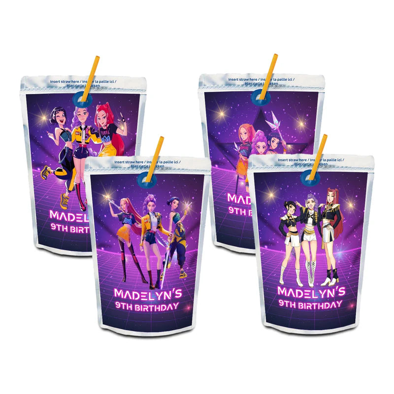 Huntrix Kpop Demon Hunters juice pouch label with bright character artwork and themed colors on adhesive paper