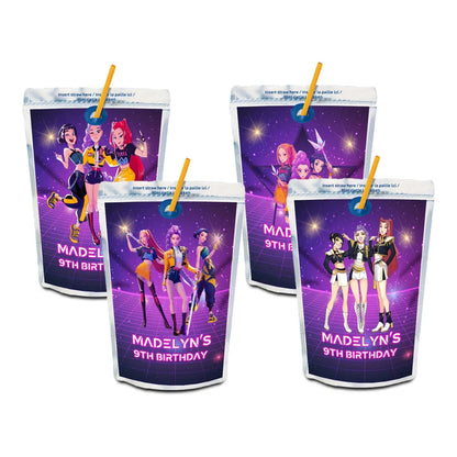 Huntrix Kpop Demon Hunters juice pouch label with bright character artwork and themed colors on adhesive paper