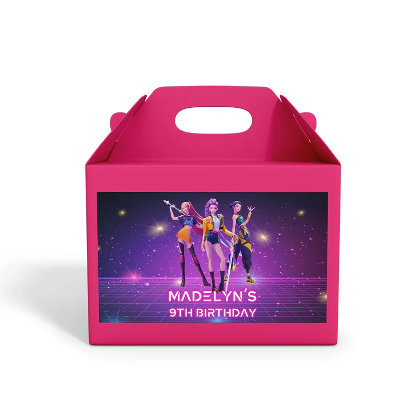 Huntrix Kpop Demon Hunters treat box label with colorful design and themed artwork on rectangular sticker