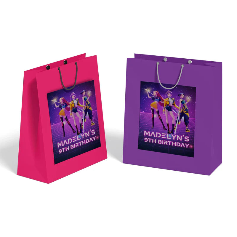 Huntrix Kpop Demon Hunters goodie bag label with bold printed design on glossy adhesive background