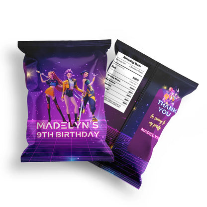 Huntrix Kpop Demon Hunters chips bag label with vibrant wrap design and themed character print