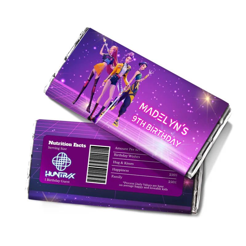 Huntrix Kpop Demon Hunters chocolate label with colorful wrap design and themed artwork for candy bars
