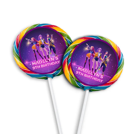 Huntrix Kpop Demon Hunters lollipop label with circular colorful design and themed graphics on sticker