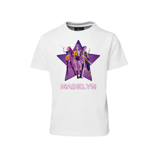 Huntrix Kpop Demon Hunters sublimation T-shirt with bold full-color graphic on soft white fabric