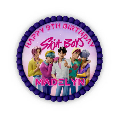 Huntrix - Saja Boys edible icing cake images with blue themed round prints on white surface