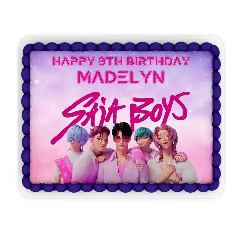 Huntrix - Saja Boys sheet cake images with blue themed edible prints flat lay on white table