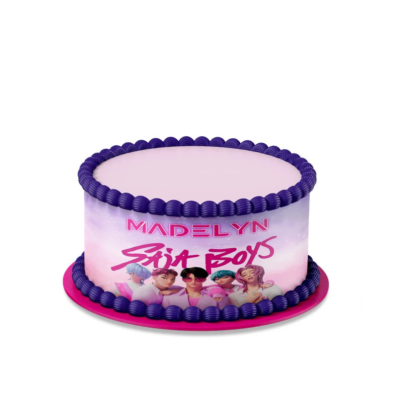 Huntrix - Saja Boys edible cake strips with blue themed design wrapping around cake flat lay