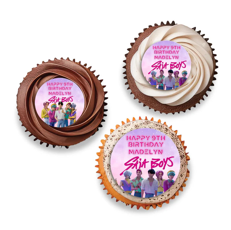 Huntrix - Saja Boys cupcakes toppers with round blue theme prints displayed on white background