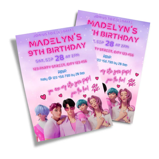 Huntrix - Saja Boys birthday card invitations with blue design flat lay on white surface