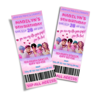 Huntrix - Saja Boys birthday ticket invitations with blue event design printed on white background