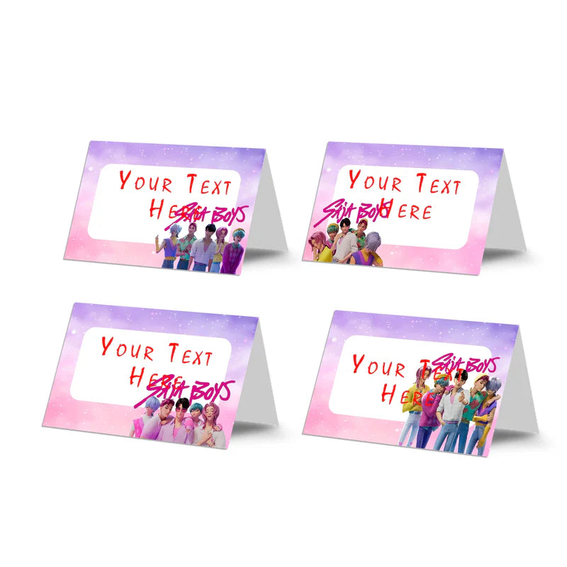 Huntrix - Saja Boys food cards with blue themed folding place cards flat lay on white table