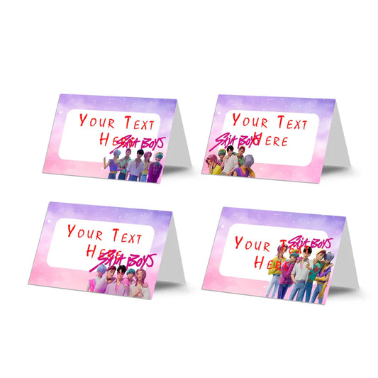Huntrix - Saja Boys food cards with blue themed folding place cards flat lay on white table