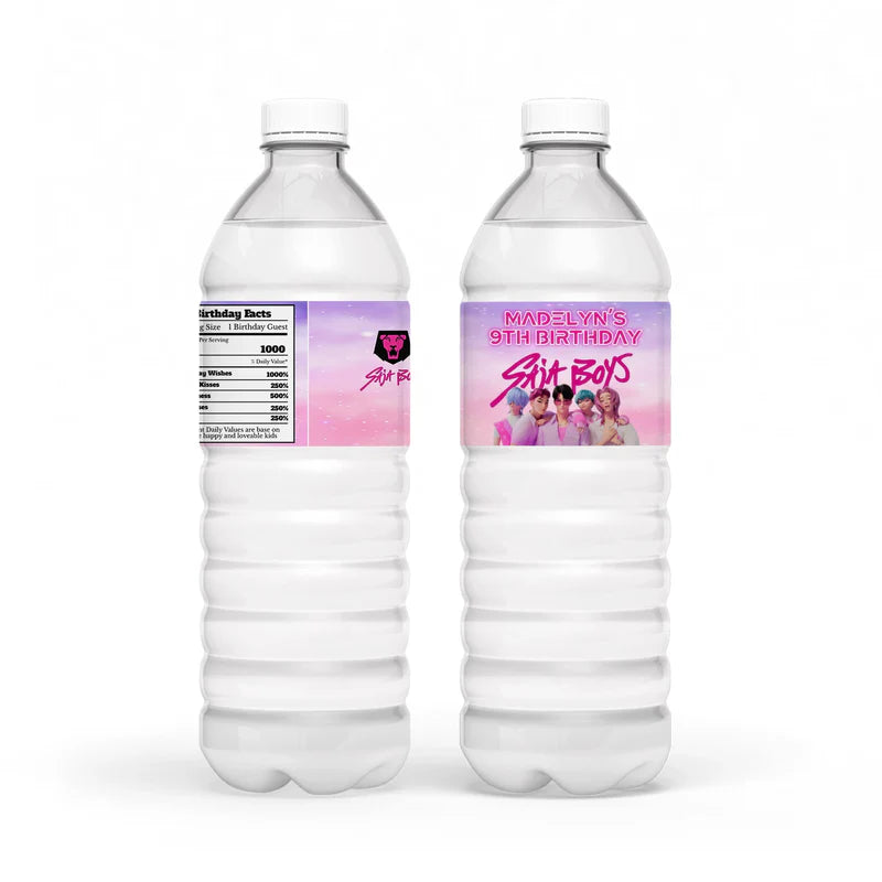 Huntrix - Saja Boys water bottle label with blue party design wrapped around clear bottle