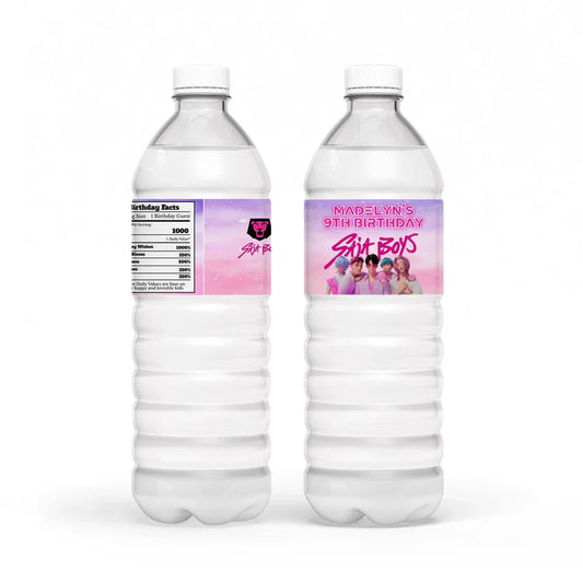 Huntrix - Saja Boys water bottle label with blue party design wrapped around clear bottle