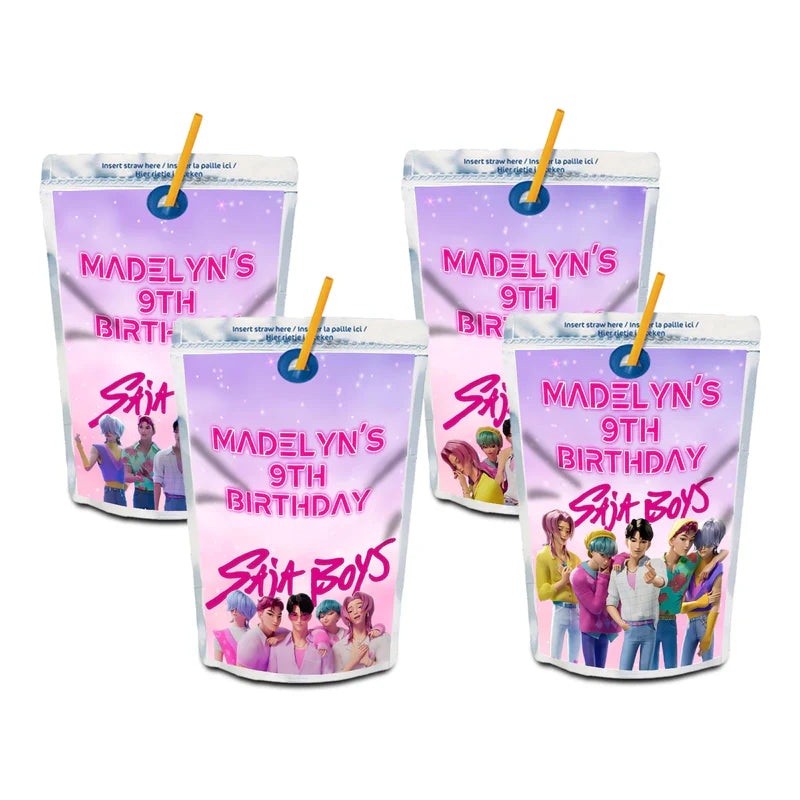 Huntrix - Saja Boys juice pouch label with blue themed design shown flat on white surface