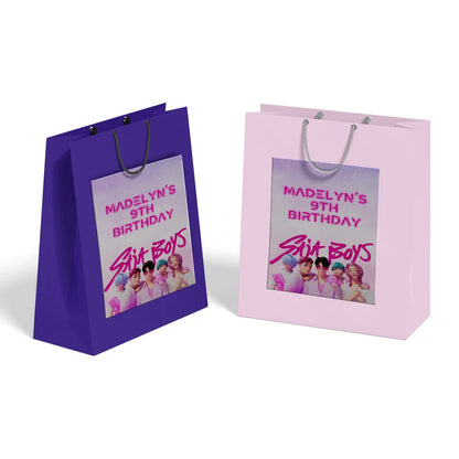 Huntrix - Saja Boys goodie bag label with blue themed design displayed flat on white background