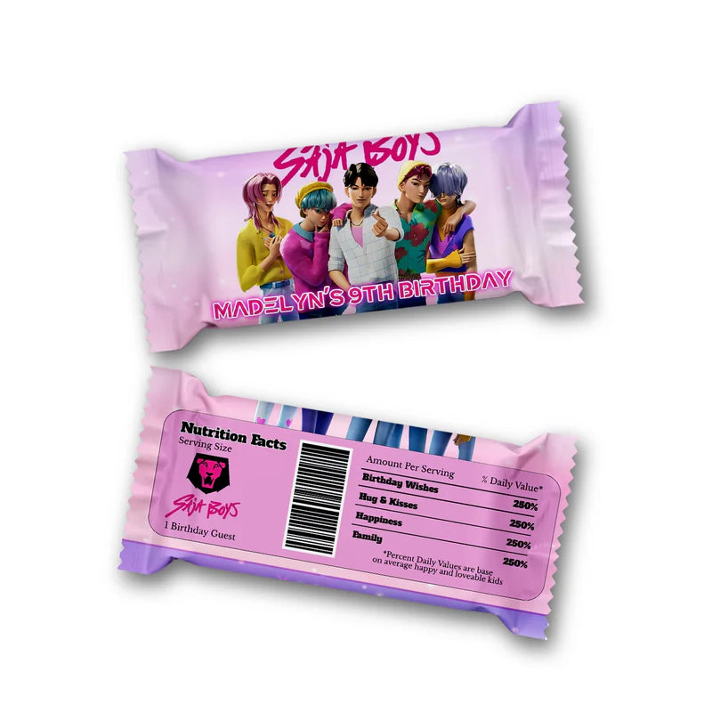 Huntrix - Saja Boys rice krispies and candy bar label with blue design shown flat