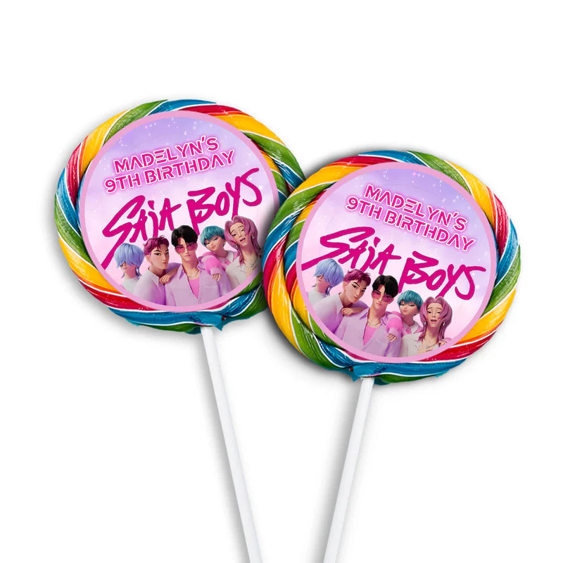 Huntrix - Saja Boys lollipop label with blue themed round sticker applied to candy