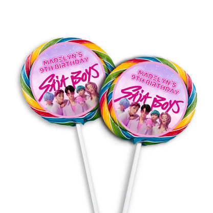 Huntrix - Saja Boys lollipop label with blue themed round sticker applied to candy
