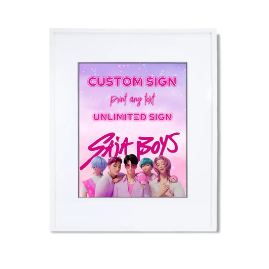 Huntrix - Saja Boys custom sign with blue party design standing upright against white background