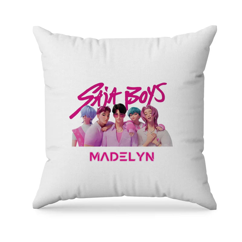 Huntrix - Saja Boys sublimation pillowcase with blue party design on white fabric flat lay