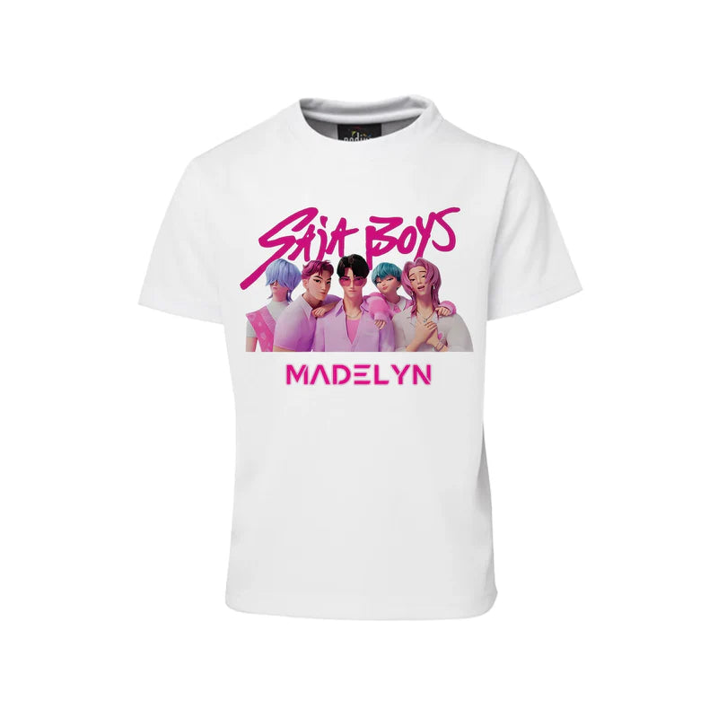 Huntrix - Saja Boys sublimation t-shirt with blue themed design printed on white cotton shirt