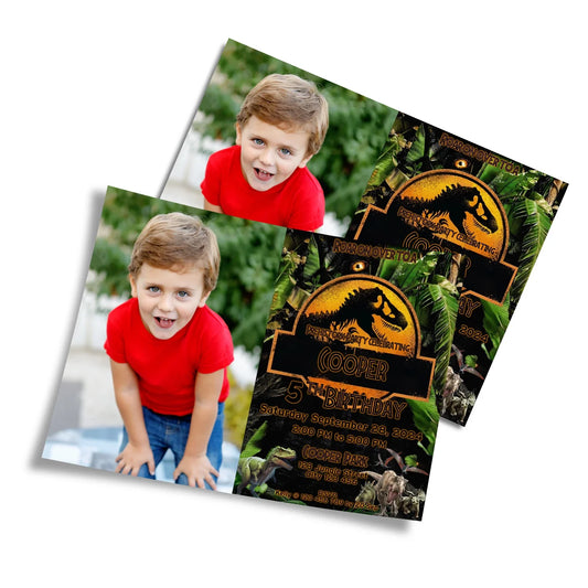 Personalized photo card invitations featuring Jurassic World