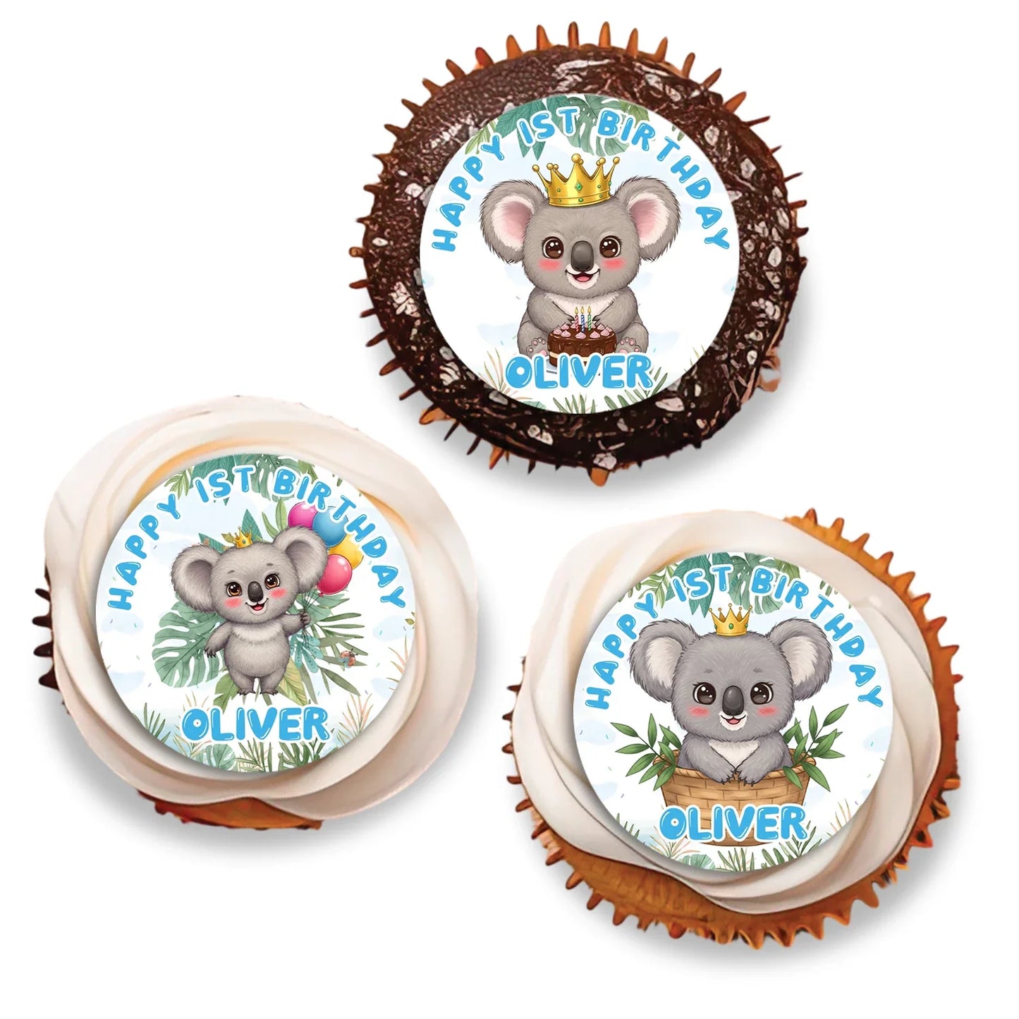 Koala-themed personalized cupcake toppers for celebrations