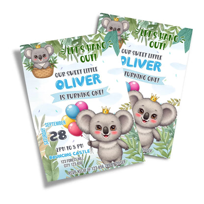 Custom koala birthday invitations with party details