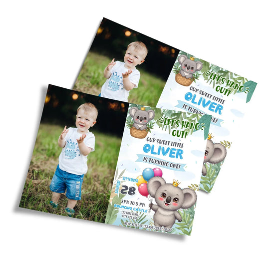 Koala-themed personalized photo invitations for birthdays