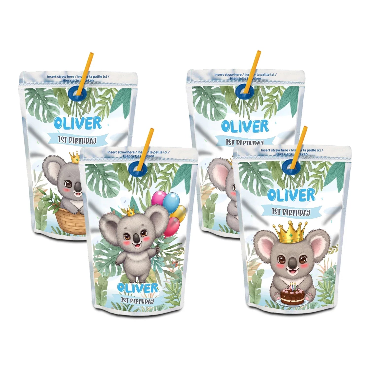 Personalized koala juice pouch label for themed celebrations